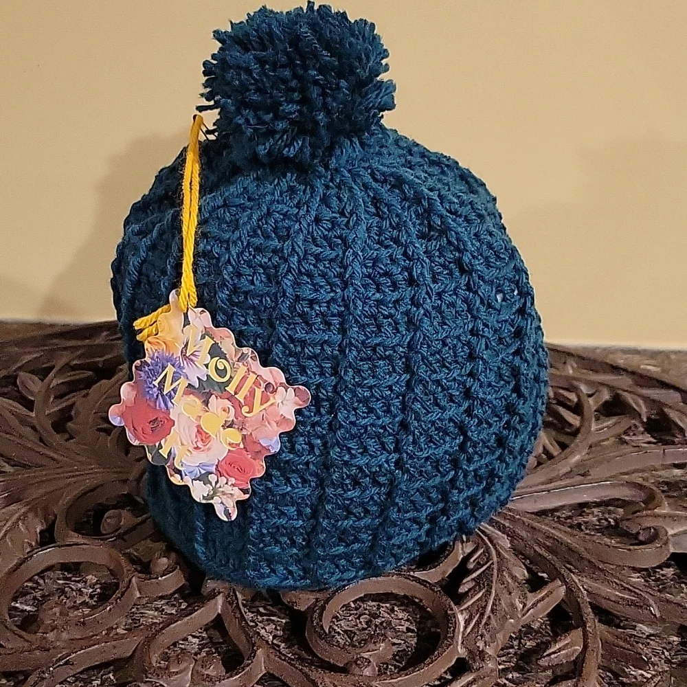 Handmade pom-pom hat beanie with fleece lining at ears crochet